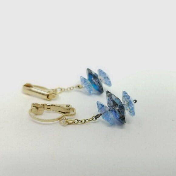 Vintage Blue Beaded Dangle Clip On Earrings, Gold Tone Setting, Lightweight - Picture 2 of 5